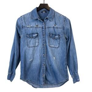 Joe’s Jeans Collection XS Distressed Cotton Chambray Button Shirt Blue